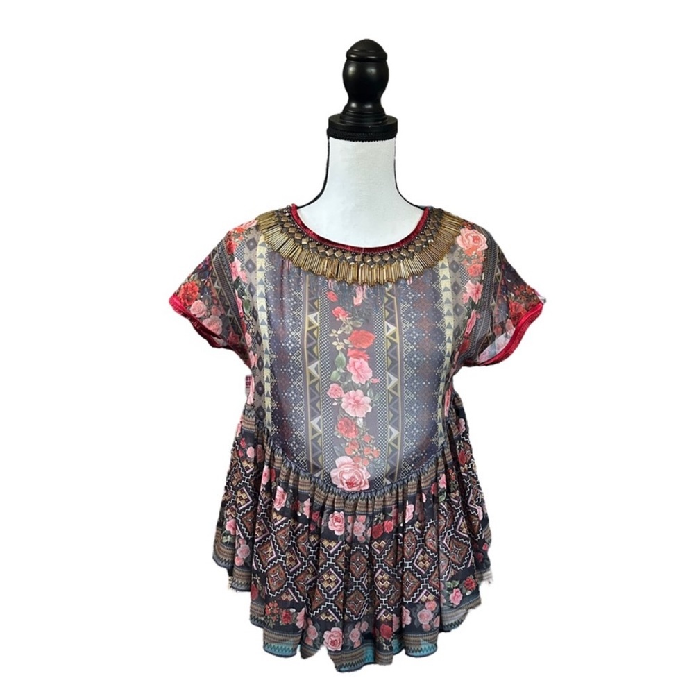 SALE Preeti Kapoor Anthropologie Sheer Antique Floral Beaded Peplum Top XXSP
